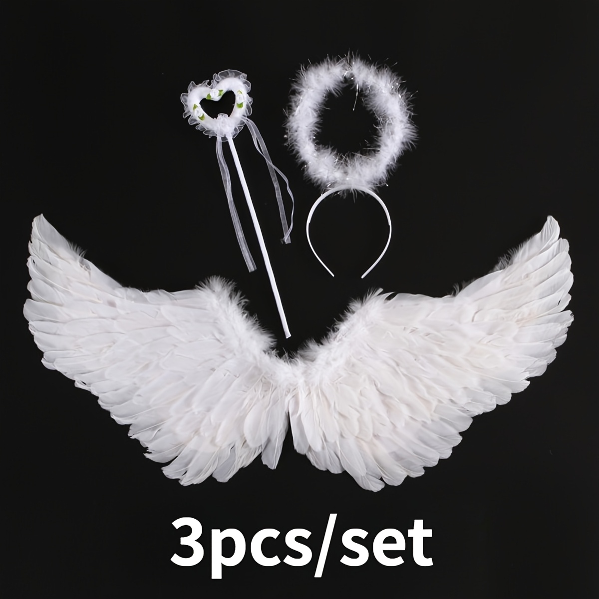 Image of 3pcs/set Artificial Feathers Costume Set, Wings Headband Magic Wand, Holiday Themed Party Photo Props, Stage Performance Costumes, Atmosphere Set