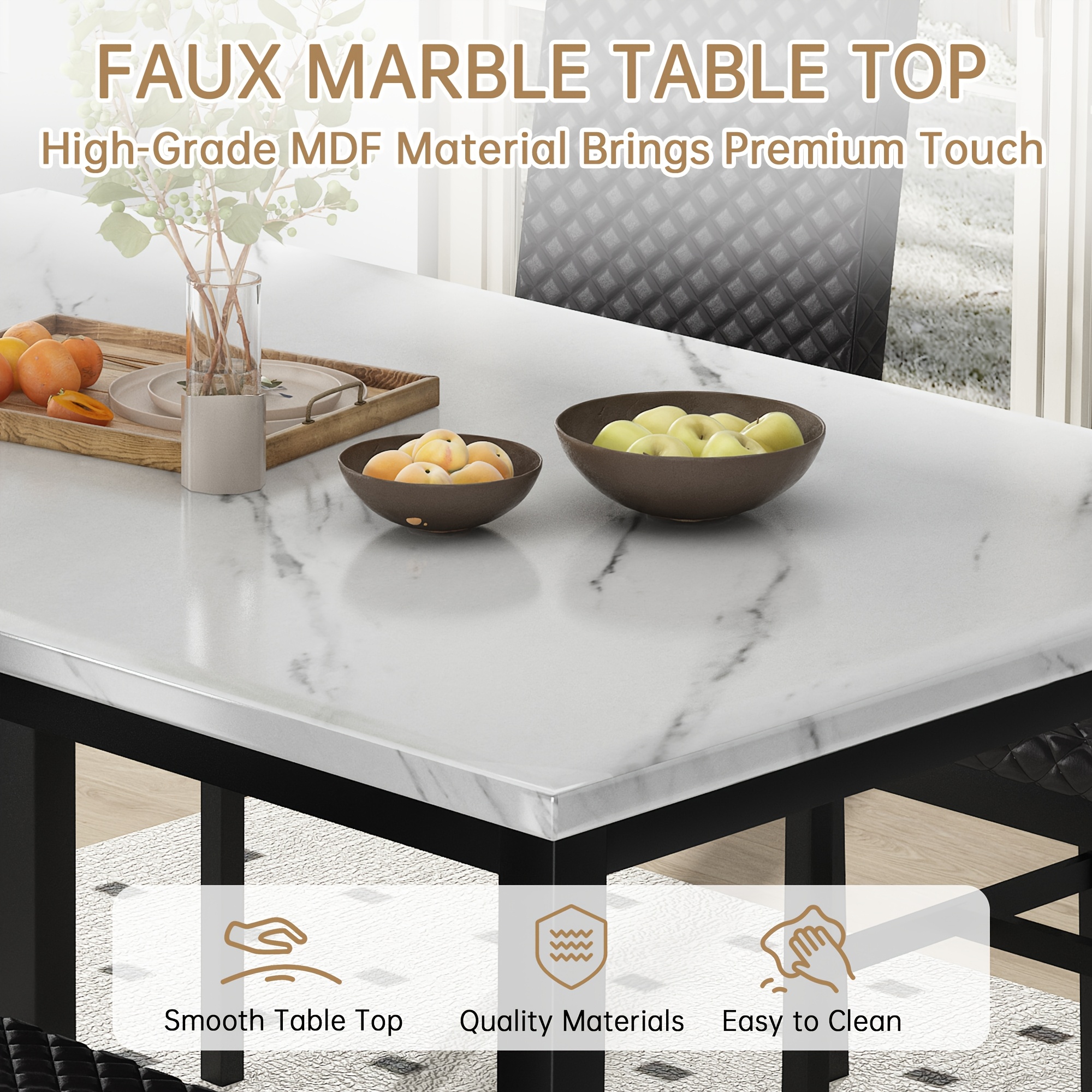 Dining Table Set For 4, Faux Marble Small Dining Room Table Set For 4, Modern Upholstered PU Leather Chairs