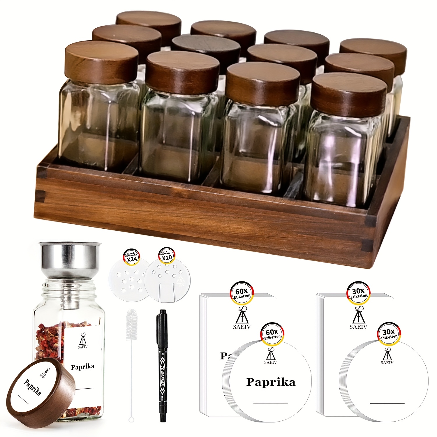 TEMU 1pc Elegant Acacia Wood Tray Spice Rack, Wooden Spice Rack With 12/24 120ml Square Spice Jars, Spice Labels, Spice Organiser, Spice Rack With