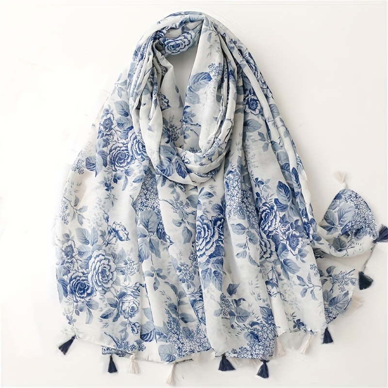 

Blue Flower Print Scarf Thin Breathable Tassel Shawl Boho Style Windproof Sunscreen Travel Scarf For Women