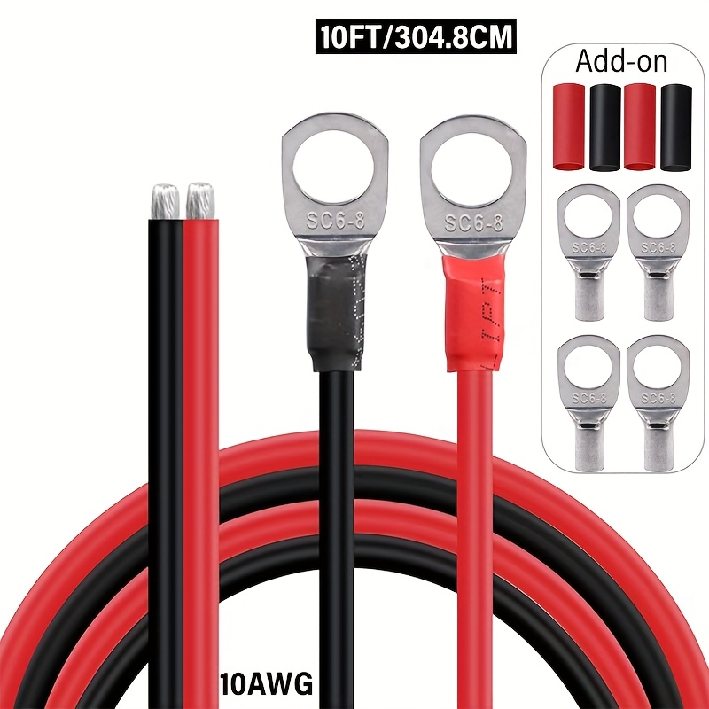 Image of Agashe 2pcs Battery Cable Power Inverter Cable With M8 Ring Terminal 10awg Wire 3ft 10ft Tin Plated Copper Pallet Extension Cable Energy, Rv, Automobile, Vehicle (1 Positive & 1 Negative)
