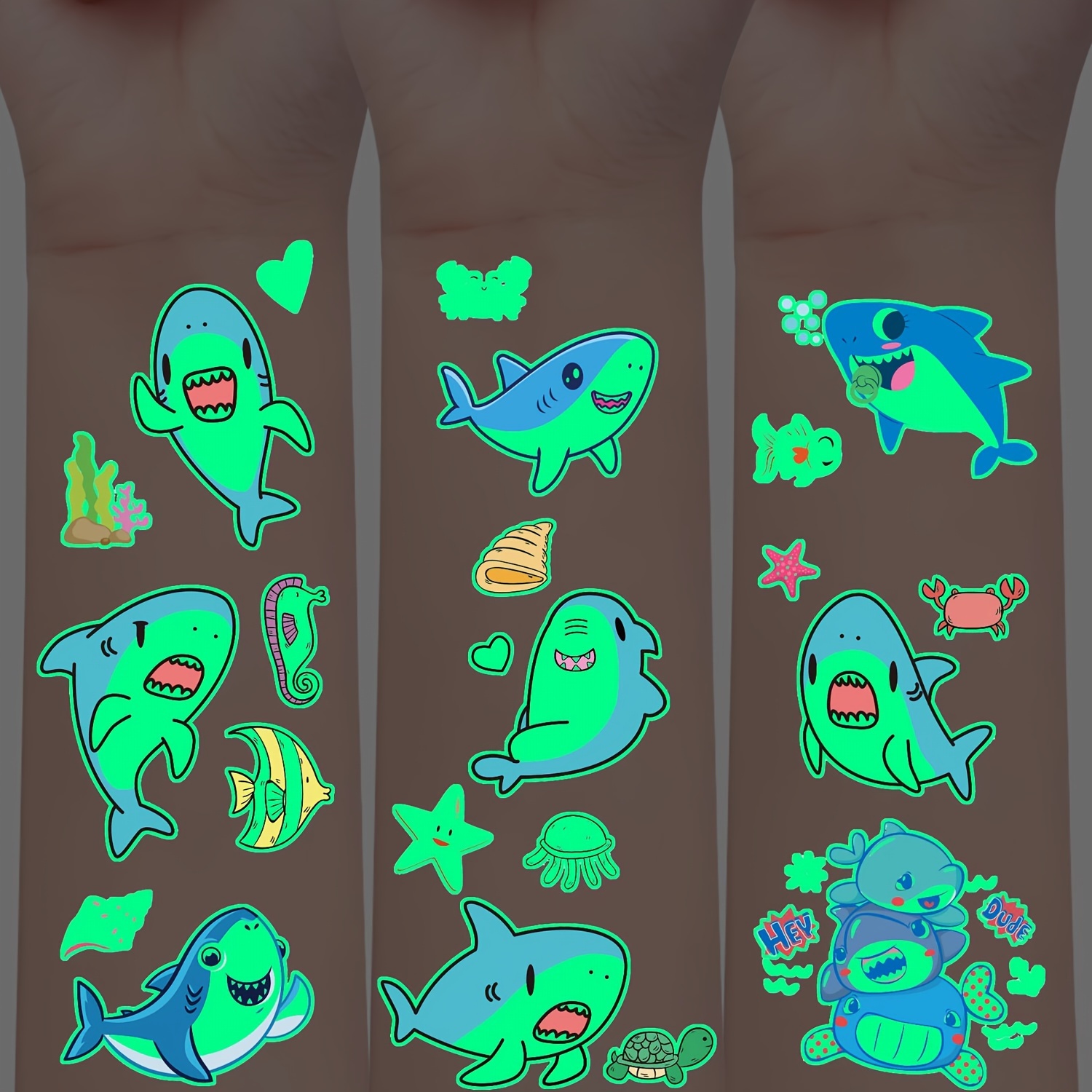 

10 Sheets Glow In The Dark Temporary Tattoos, Shark Series, 120 Cute Cartoon Shark Designs, Easy Apply & Remove, Waterproof & Sweatproof, Lasts 2-5 Days, Fun Luminous Tattoo Stickers