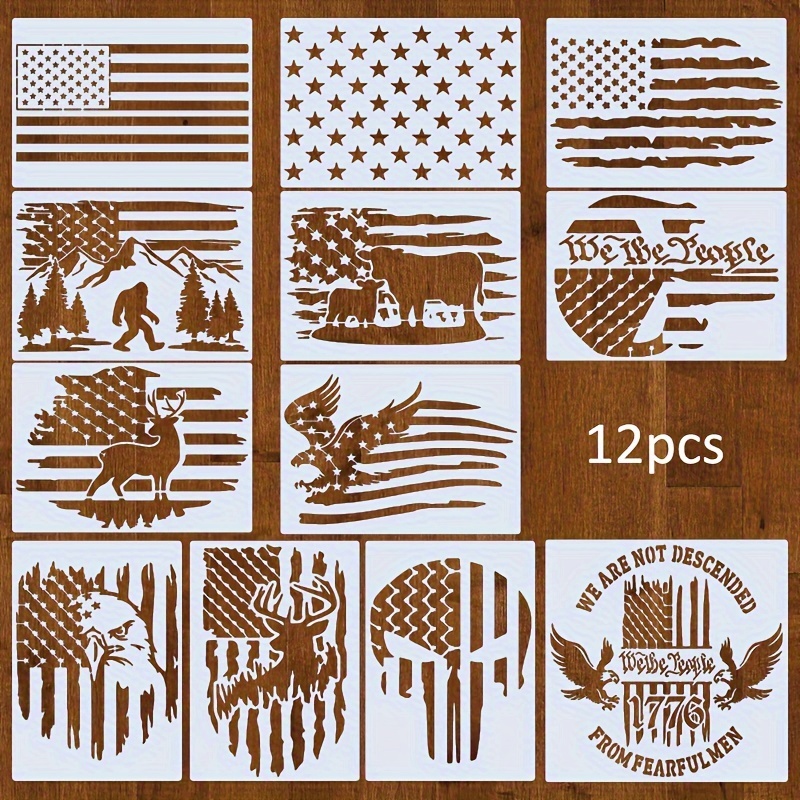 

12 Pack Of American Flag Stencils: 1776 Military We The People Flag Templates For Wood Burning, T-shirt Projects, And Crafts - Pet Material