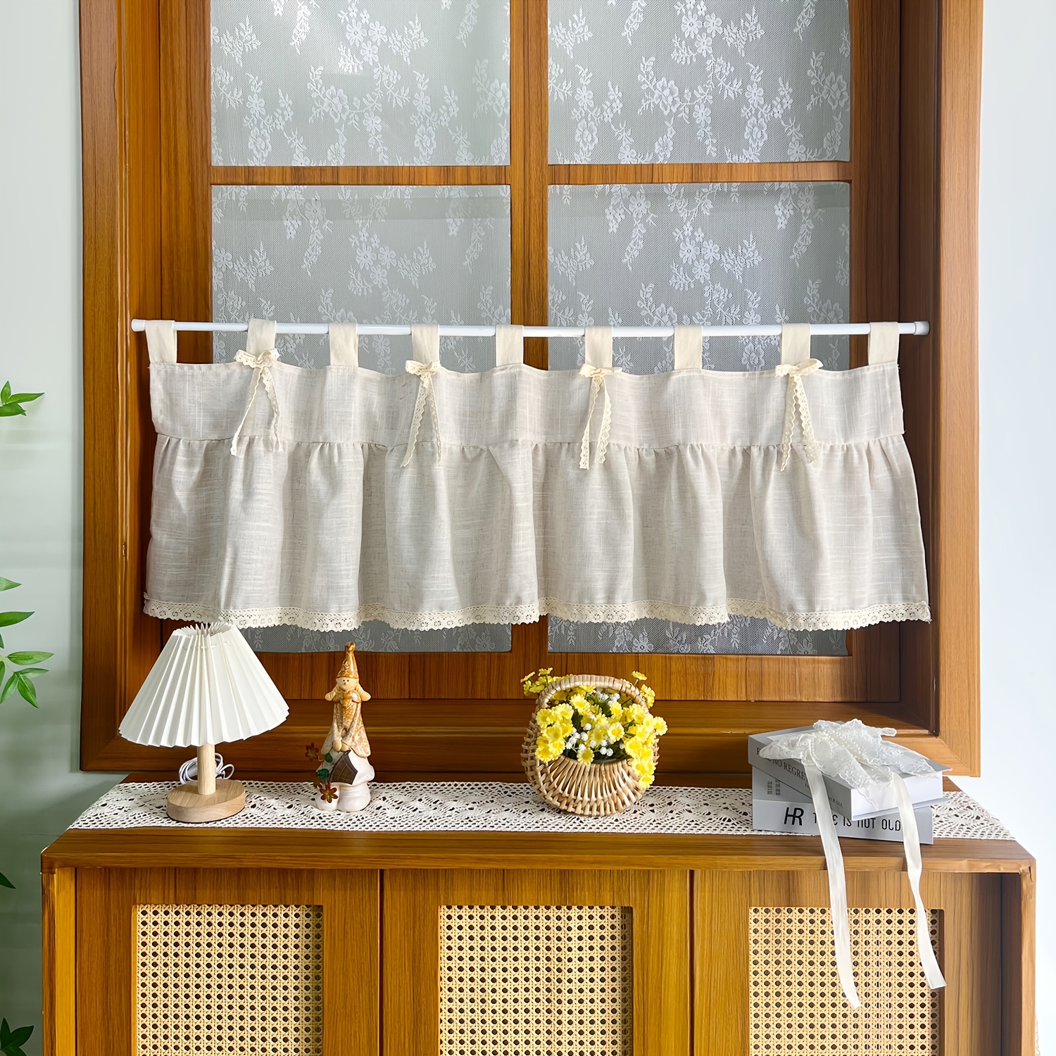 Image of 1pc, Romantic Bow Lace Short Curtain, Bohemian Style Linen-look Coffee Curtain With Tie-backs, Suitable For Kitchen, Living Room, Farmhouse And B& Decor