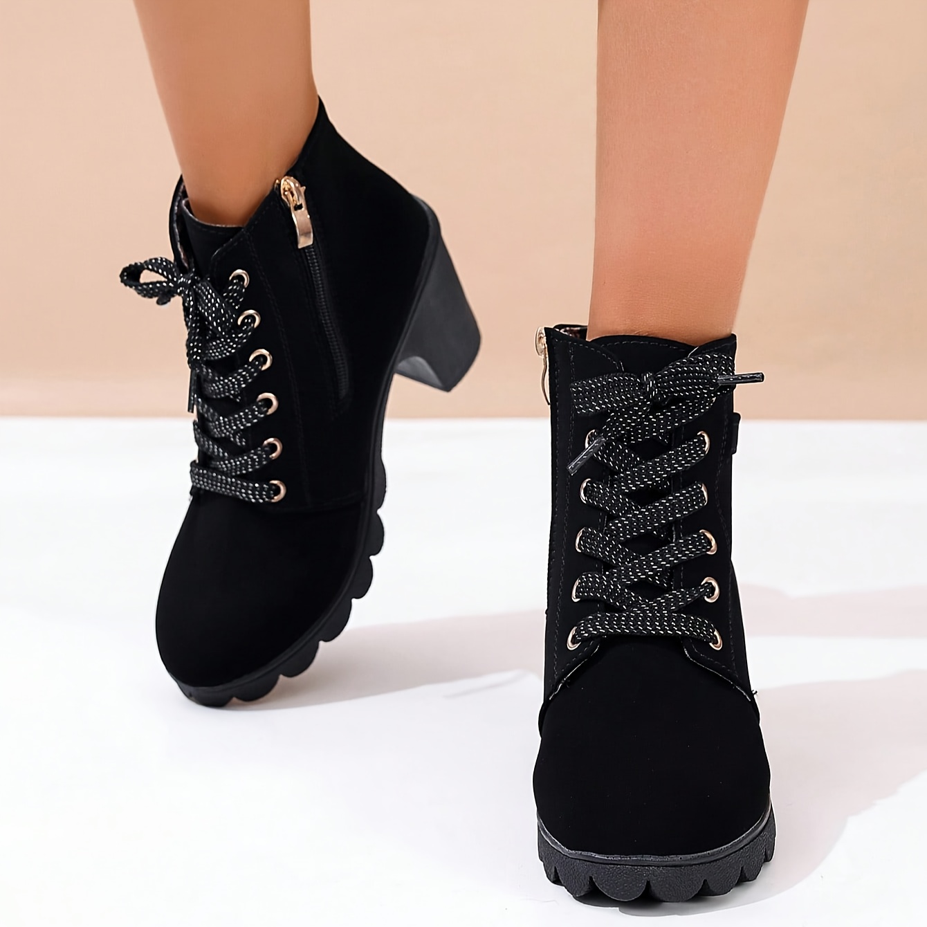 

Women' Ankle Boots With Side Zipper, Chunky Heel, Round Toe, Solid Color, Cover - High Heel Casual Short Boots, Plus Size,