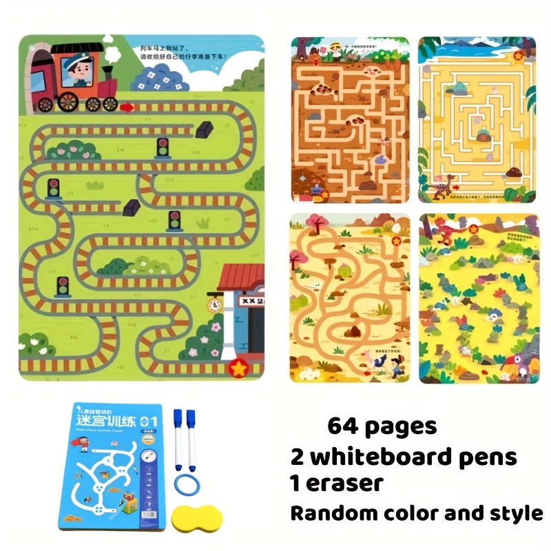 64-page Maze Training Book Set, Equipped With 2 Erasable Pens, Reusable Practice Cards To Improve Attention And Thinking , Educational Toys (color And Pattern Random)