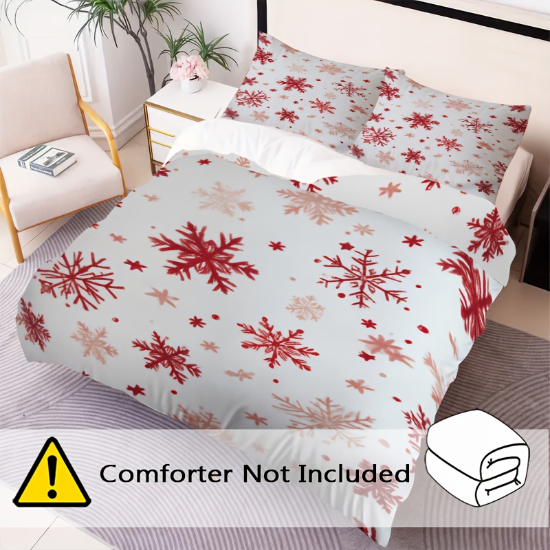 3pcs Winter Bedding Set - Red & Grey Snowflake Pattern, Machine Washable All-Season Duvet Cover & Pillowcases (1 +2) for Christmas, New Year's Decor - Bedding Basics Collection, Holiday Bedroom, Guest Room Essentials, Festive Design, Easycare Fabric, Durable Material, Seasonal Gift Buyers, Home Decorators, 2D Flat