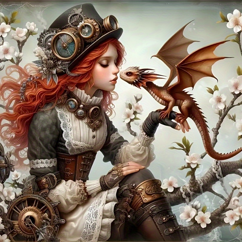 

Steampunk Lady And Dragon Diamond Painting Kit: A 5d Artistic Cross Stitch Set Featuring A Beautiful Red-haired Woman And A Dragon, Perfect For Wall Decor And Surprise Gifts