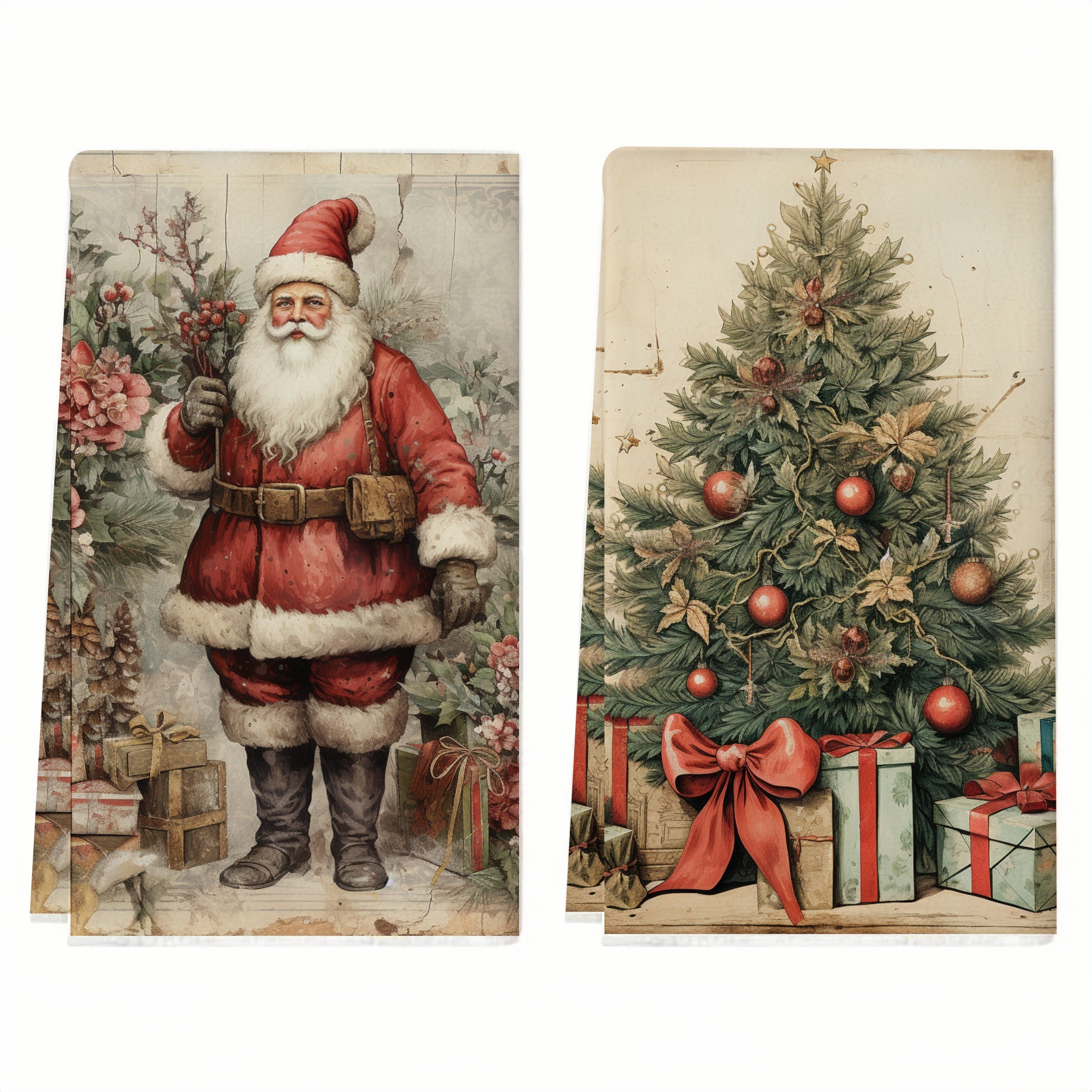 

2 torchons de cuisine vintage Père Noël et sapin de Noël, torchons et absorbants, décoration de Noël, lavables en machine, microfibre, rectangulaires, motif floral, tissu tricoté, décoration pour et