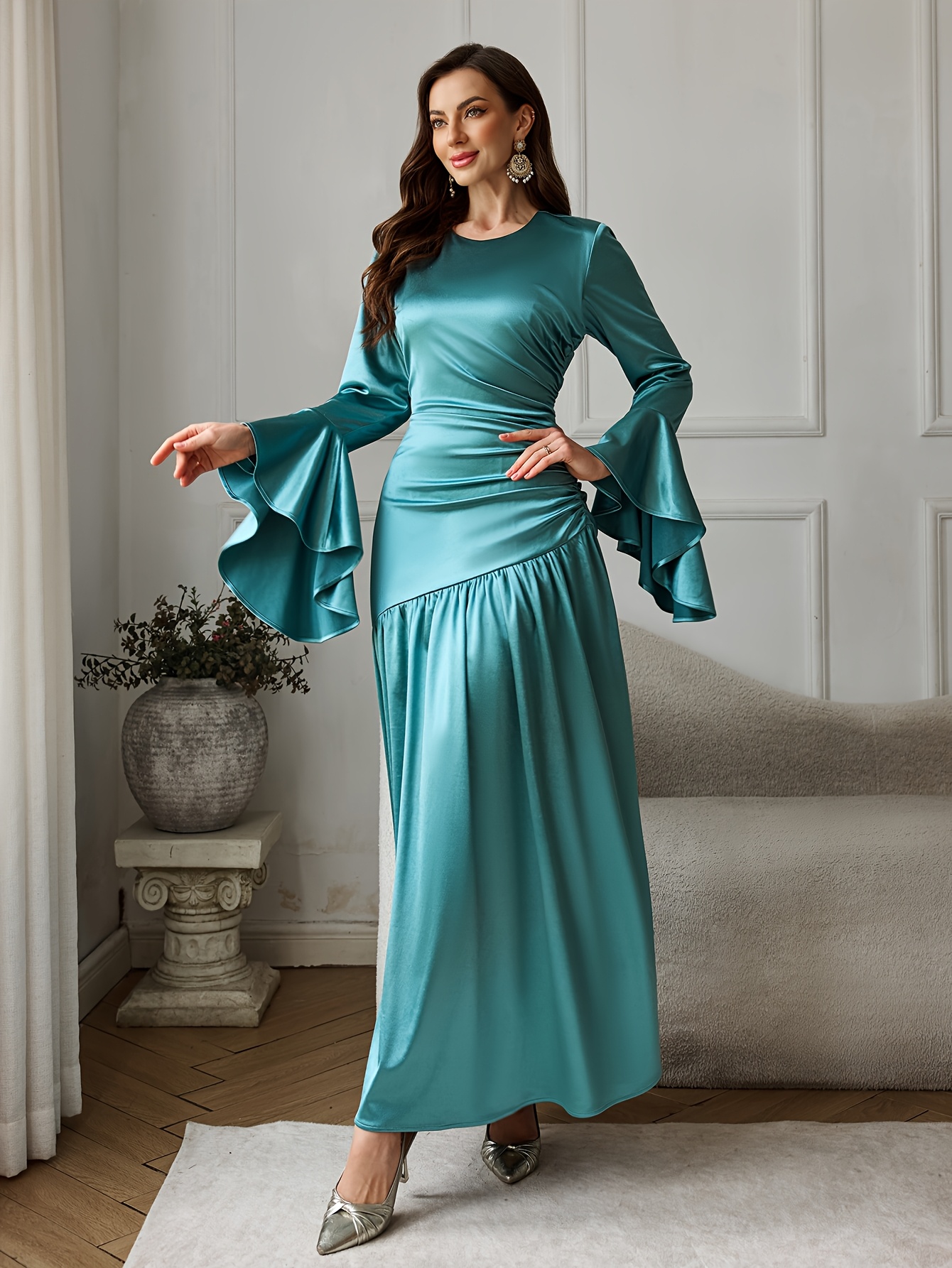 green vintage bell sleeve satin dress crew neck extra long - Temu Bahrain