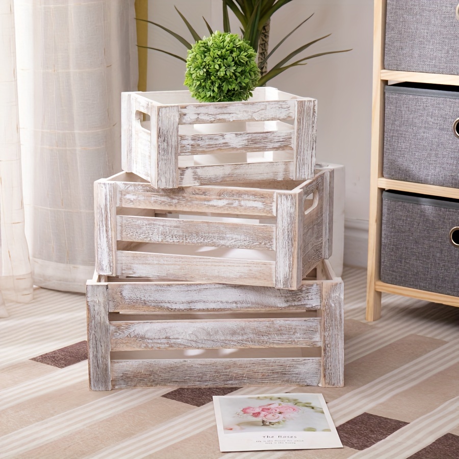 TEMU 1pc/3pcs Natural Rusty White Decorative Wood Crates Nesting Crates Storage Container,rustic Wooden Crates For Storage, Display, Decor, Boxes,
