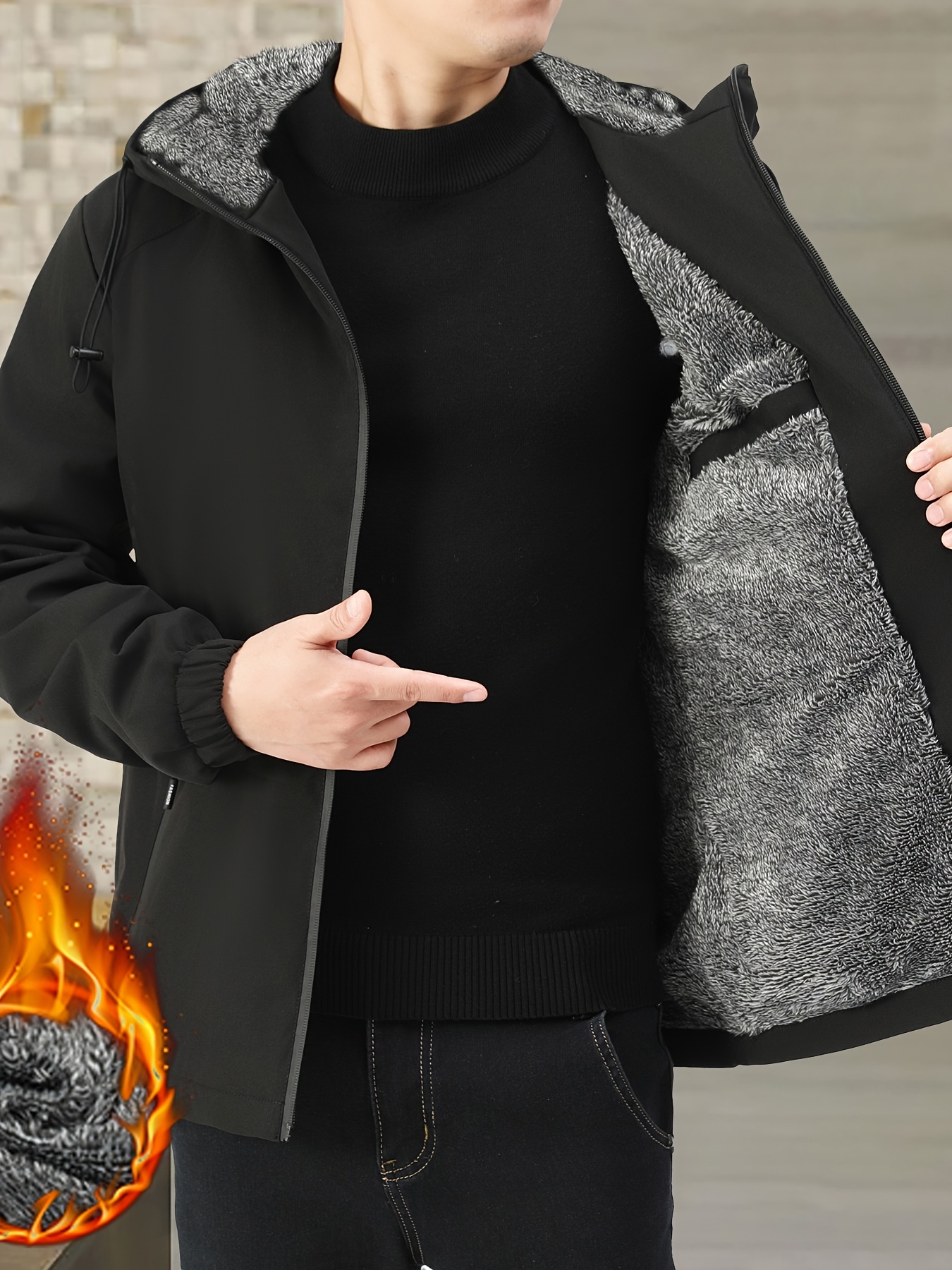 Single-Pack Men's Thickened Hooded Lined Jacket, 100% Polyester, Solid Color, Non-Stretch, Fashionable, Trendy Brand, Zippered Pockets, Outerwear for Middle-Aged and Elderly, Autumn/Winter Outdoor Casual Wear, Suitable for Home Use, Gift Option