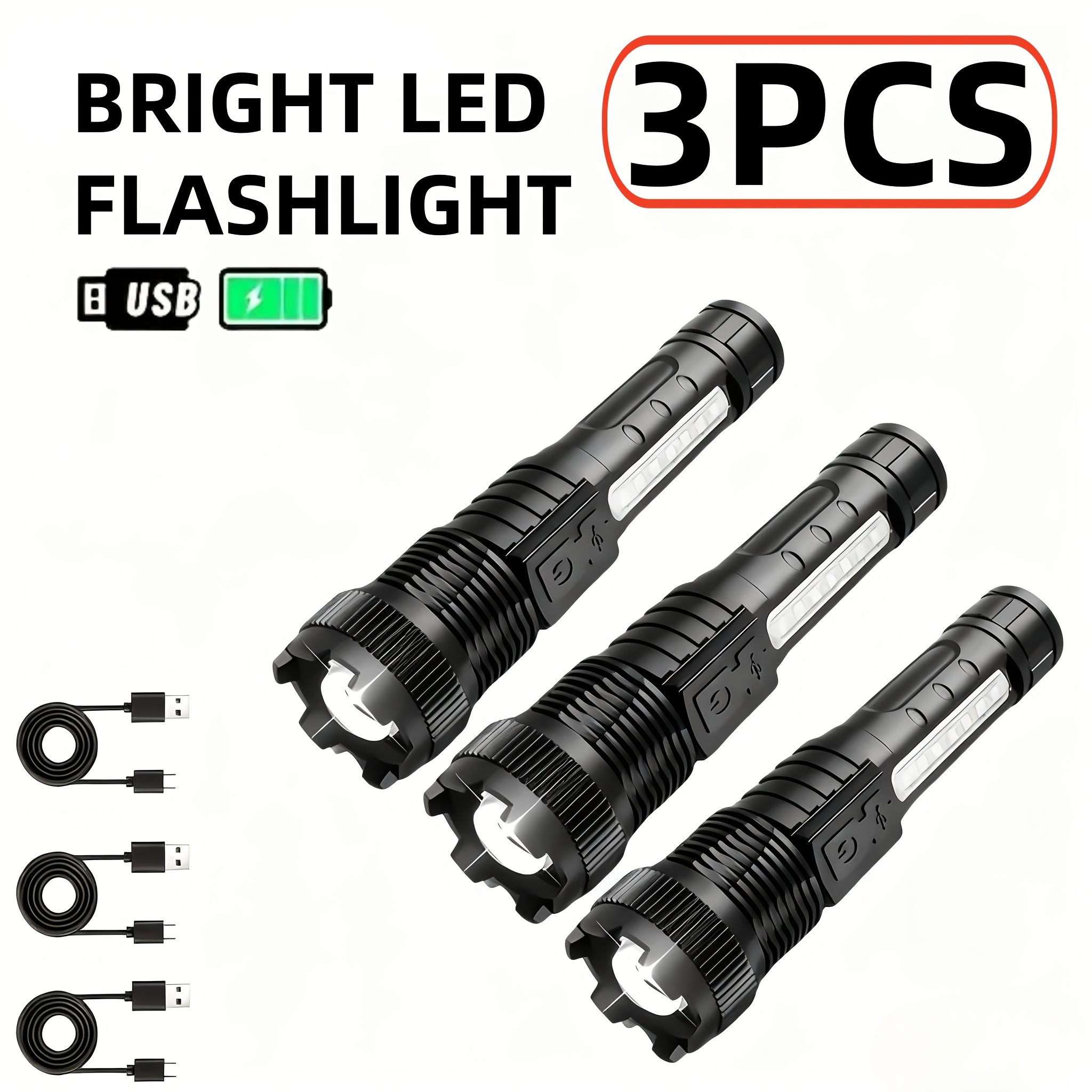 TEMU 3pcs High Brightness Rechargeable Led Flashlight With 6- Function, Clip On Design, Telescopic Zoom, Suitable For Power Outage Emergency, Outdoor
