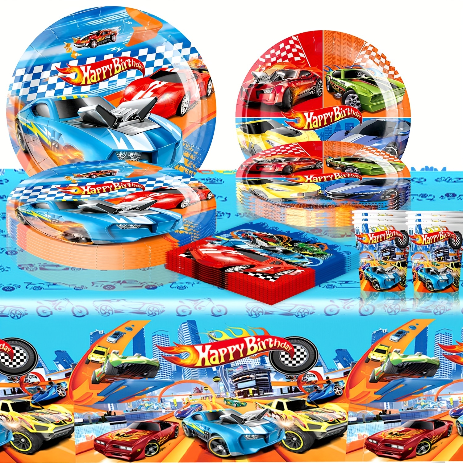 

61-piece Racing Theme - Disposable Plates, Cups, Towels & Tablecloth | Perfect For Birthdays, Tailgates & More | All-season Celebration Supplies