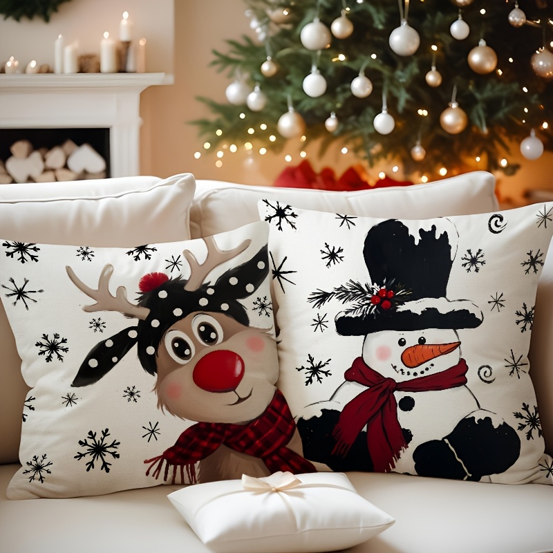 

2pcs Linen Christmas Pillowcase Christmas Snowman Suitable For Furniture Sofa Cushion Decoration -sided 18in*18in