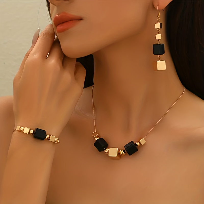 TEMU 3pcs Vintage Versatile Design-sense Beaded Square Necklace Bracelet Ear Drop Set Elegant Premium Suitable For Holiday Gatherings Parties Dates
