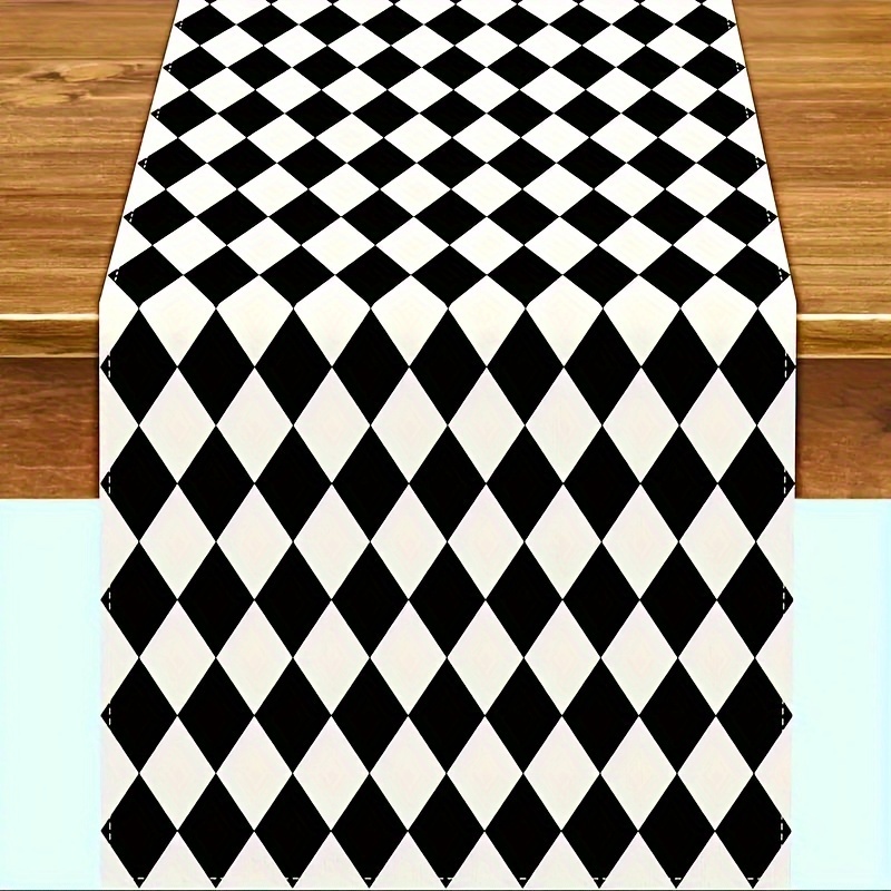 

Chic Black & White Diamond Plaid Table Runner - Durable Polyester, Perfect For Home, Kitchen, Outdoor Parties & Dining Decor