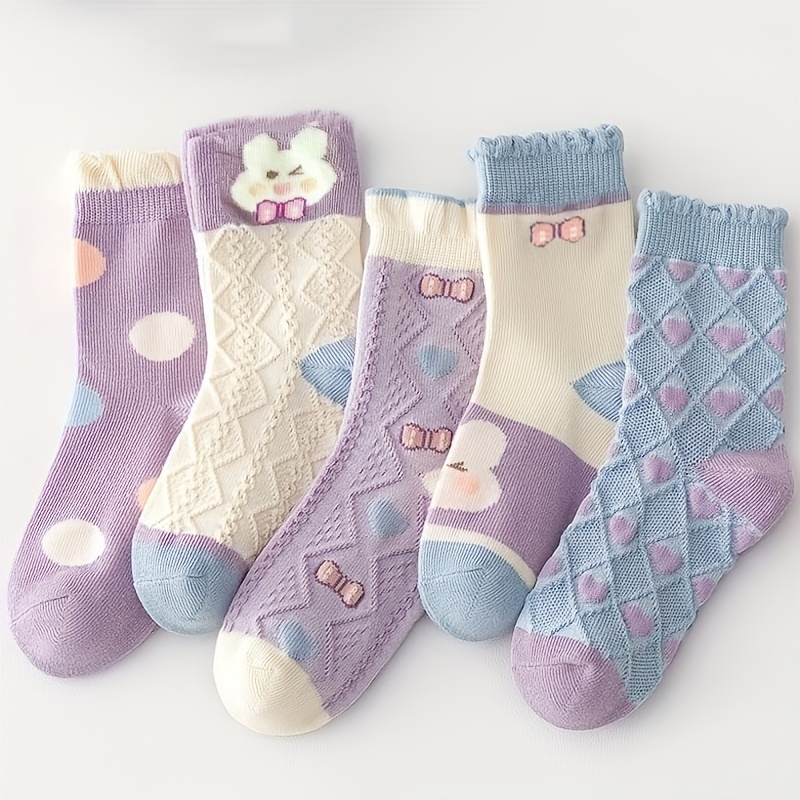 Image of / 3 Pairs Random Girls Bunny Socks | Cute Cartoon Crew Socks With Bow And Lace | Soft Stretchy Fabric | Wear | Fall Winter Warm Kids Socks