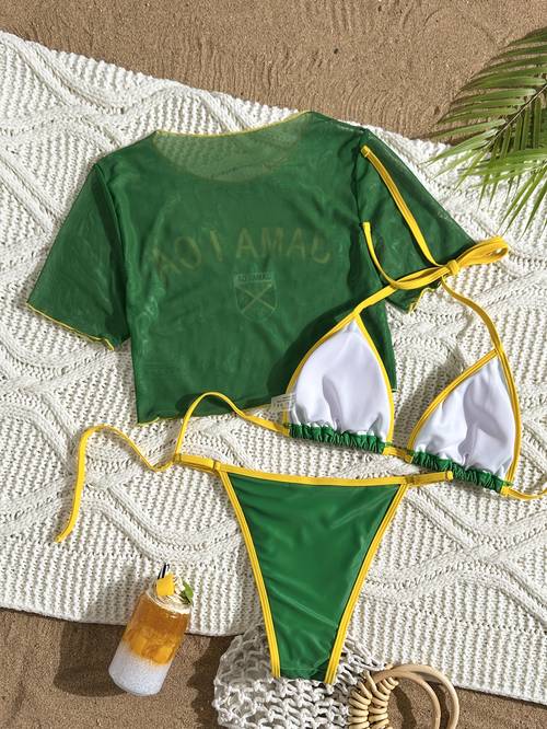 mesh see through three piece bikini set short cardigan cup swimsuit green and collision three piece combination full of style and vitality is rich in layers