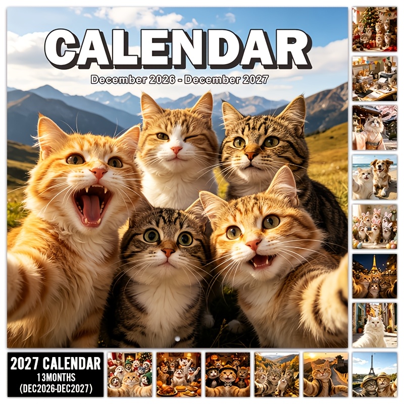 TEMU 2027 Full -month Large Wall Calendar, 10 X 20 Inches (open), Cat Calendar, Cute Kitten Travel Selfie Calendar, Home Office Decoration Monthly