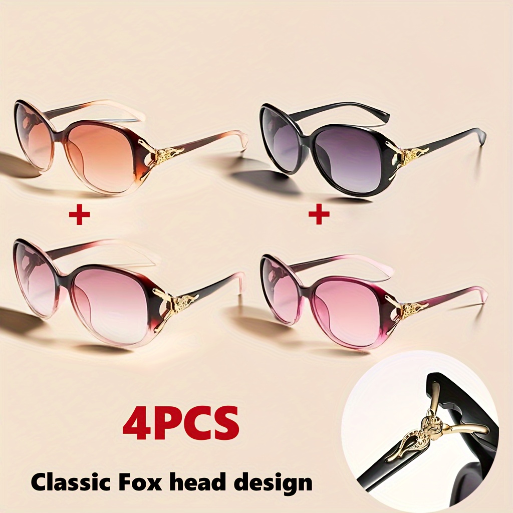 

4 Pcs Oversized Oval Glasses For Women, Fashionable Fox Head Decoration, Vintage Gradient Lenses, Classic Design, Stylish Eyewear For Vacation And Beach Parties