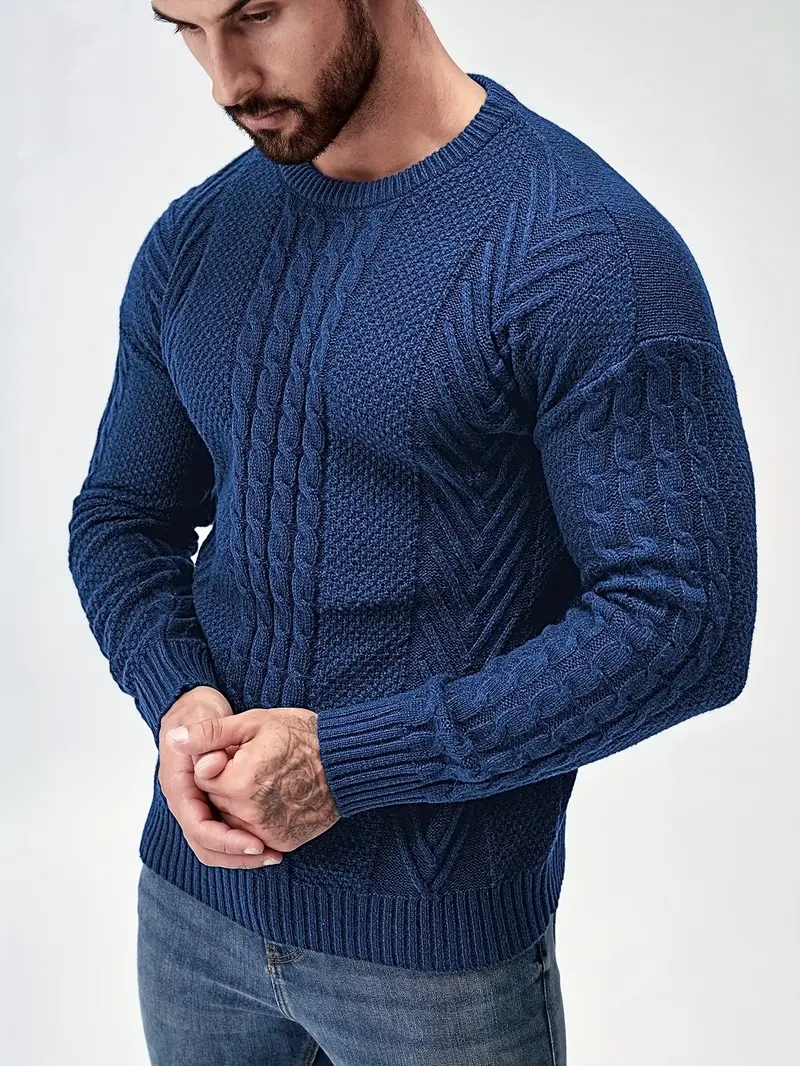 mens winter warm knit sweater soft round neck long sleeve casual pullover solid color beige navy machine washable thick sweater jacket for cold weather office casual attire Product details 1