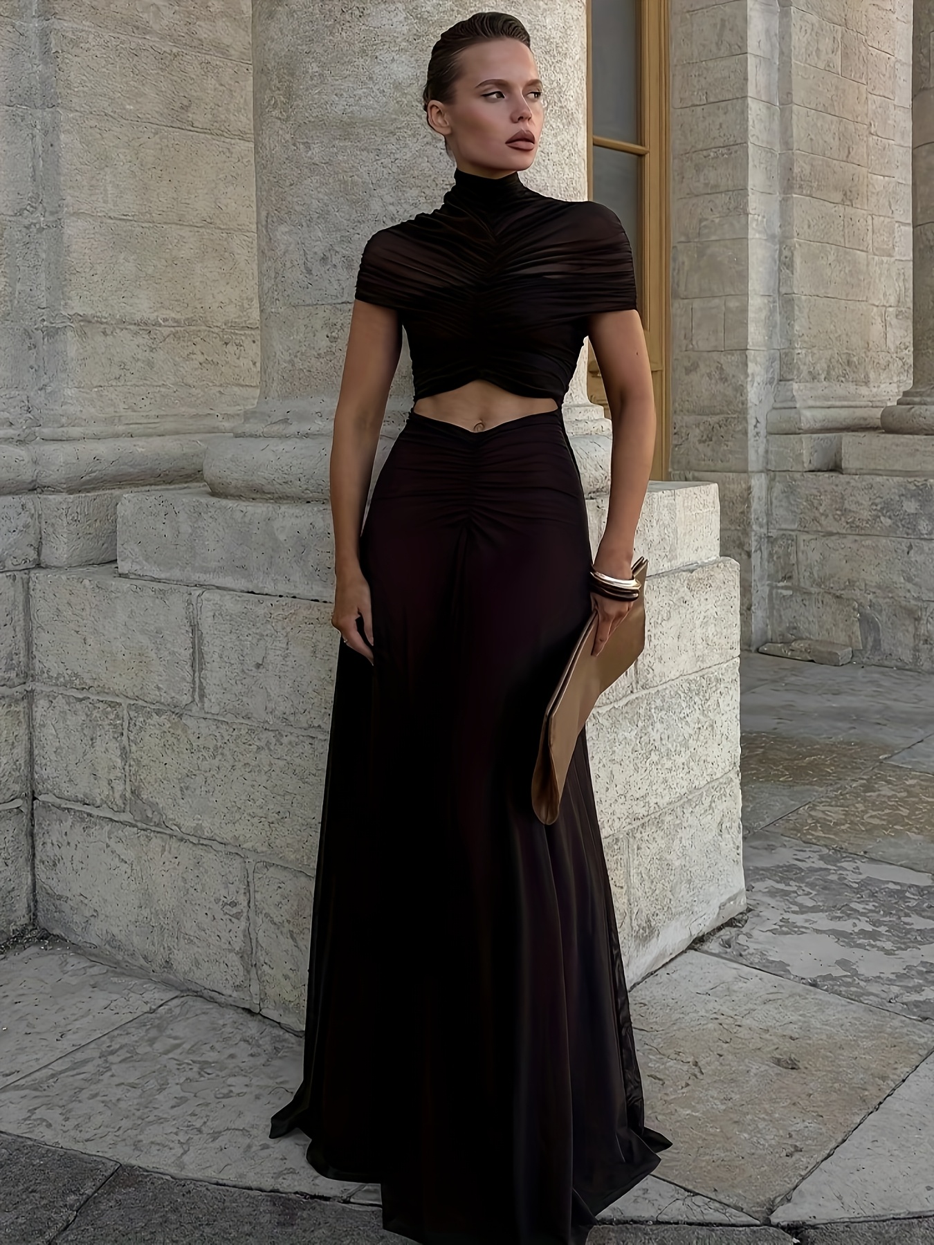 crop top bodycon dress Mockneck Ruffle Short Sleeves Crop Top Back Slit Bodycon Maxi Dress Se –  Meridress main image 0