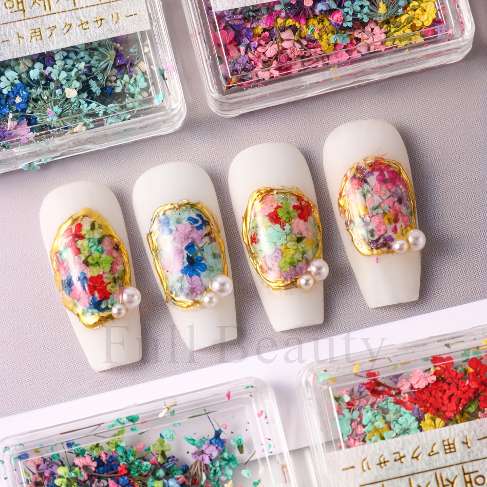 

Hypoallergenic Dried Flower Nail Art Kit - Mixed Floral & Starry Designs For Diy Manicures