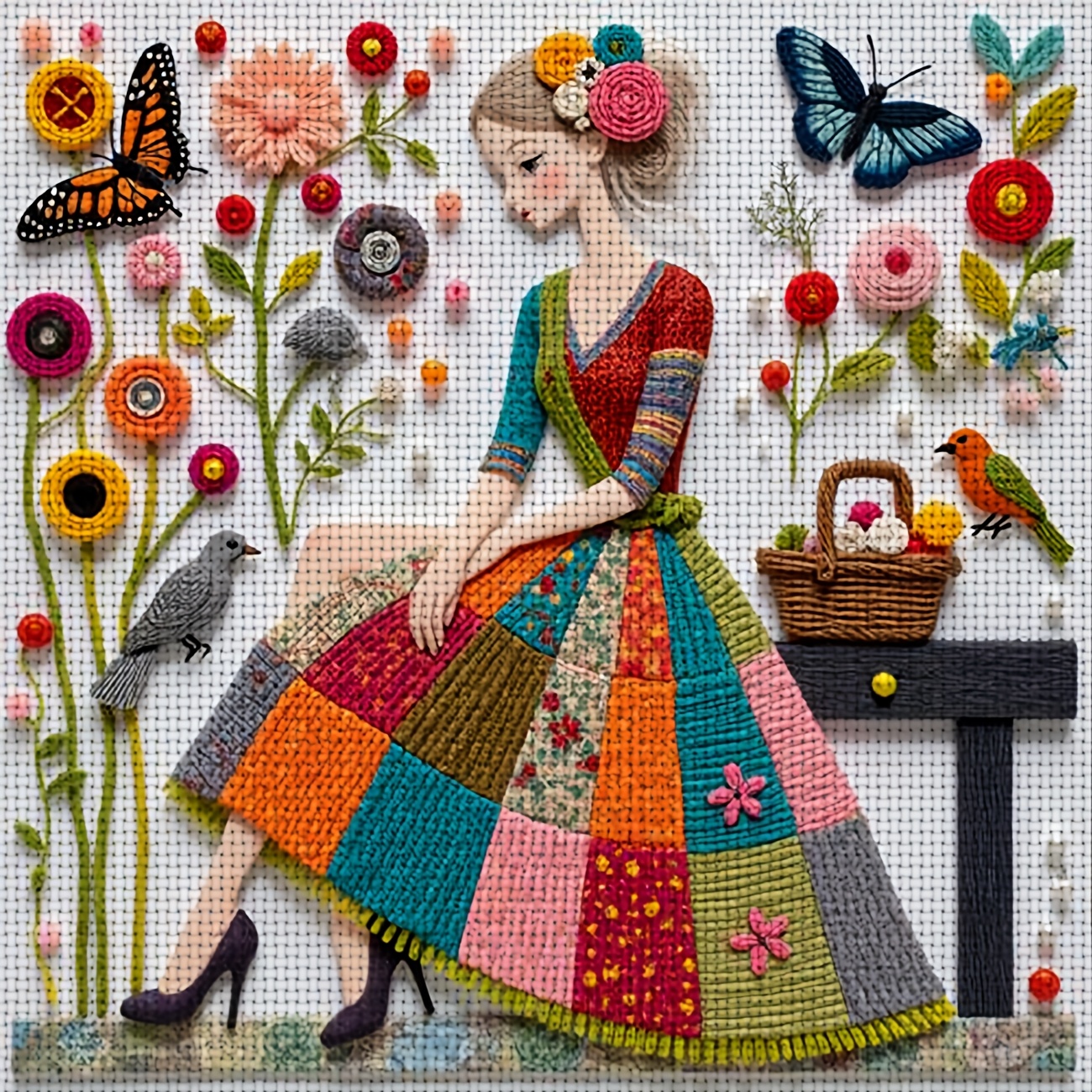 TEMU 1pc Printed Diy Stitch Kit, Frameless, " Girl With Butterflies" Pattern, Perfect For Beginners To Relax And Craft, Experience The Full From