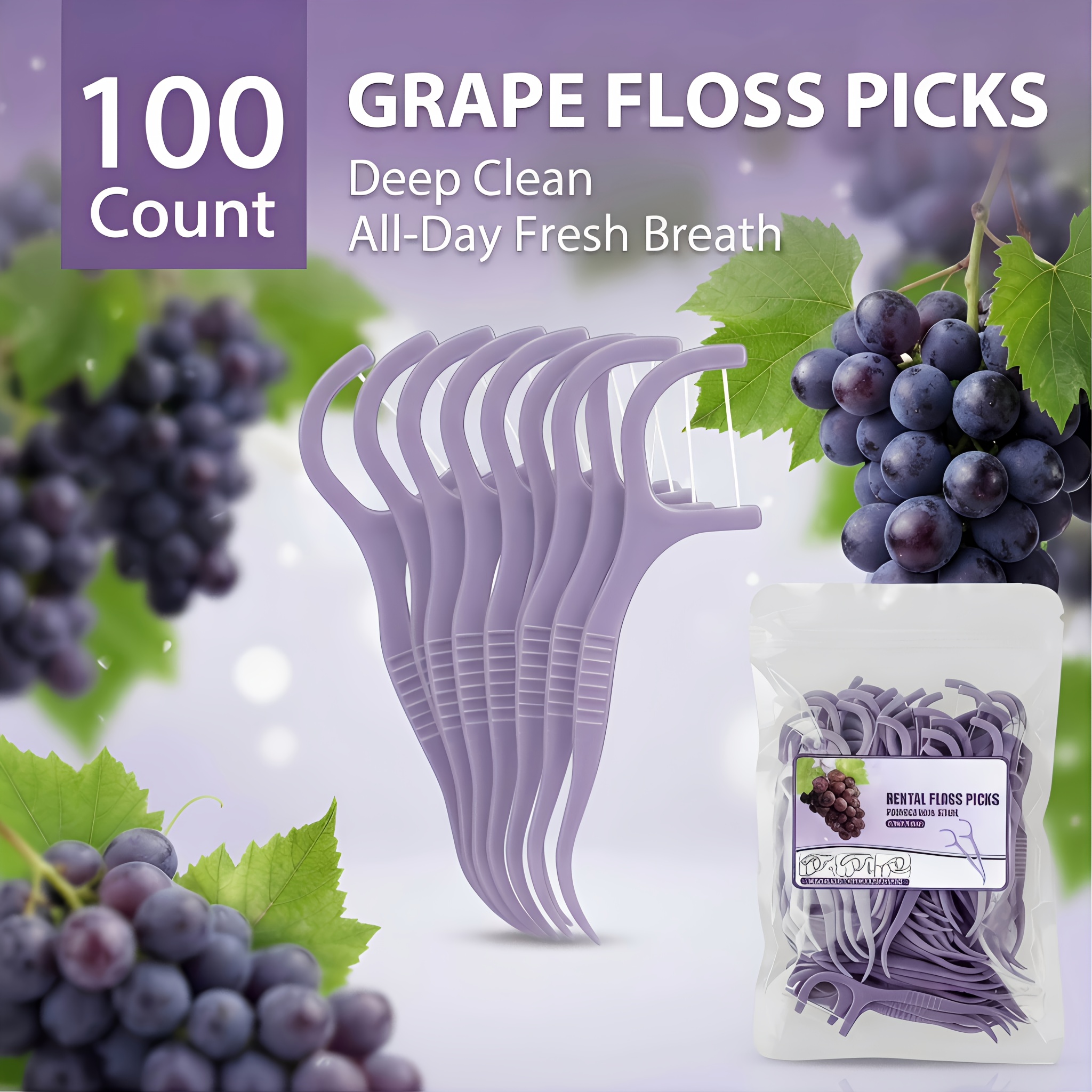 Image of 100pcs Fresh Grape Flavored Dental Floss Sticks - Deep Cleaning Floss Picks - Portable Disposable Daily Oral Care And Travel Essential, Oral Care Floss Picks