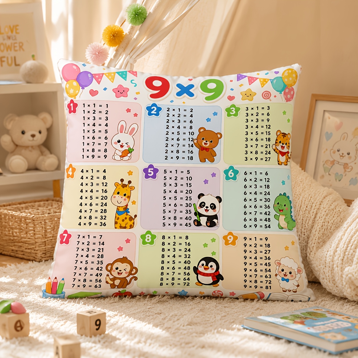 TEMU 1pc, 2d Single-sided Printing, Cartoon Animal Multiplication Table Print Plush Pillowcase, Style, Zipper Closure, No Pillow Core, Machine