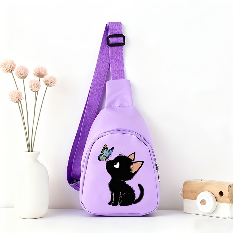 TEMU Multi-colored Cartoon Black Cat Pattern Single Shoulder Body Bag, Made Of Lightweight And Durable Fabric, Equipped With Adjustable Shoulder