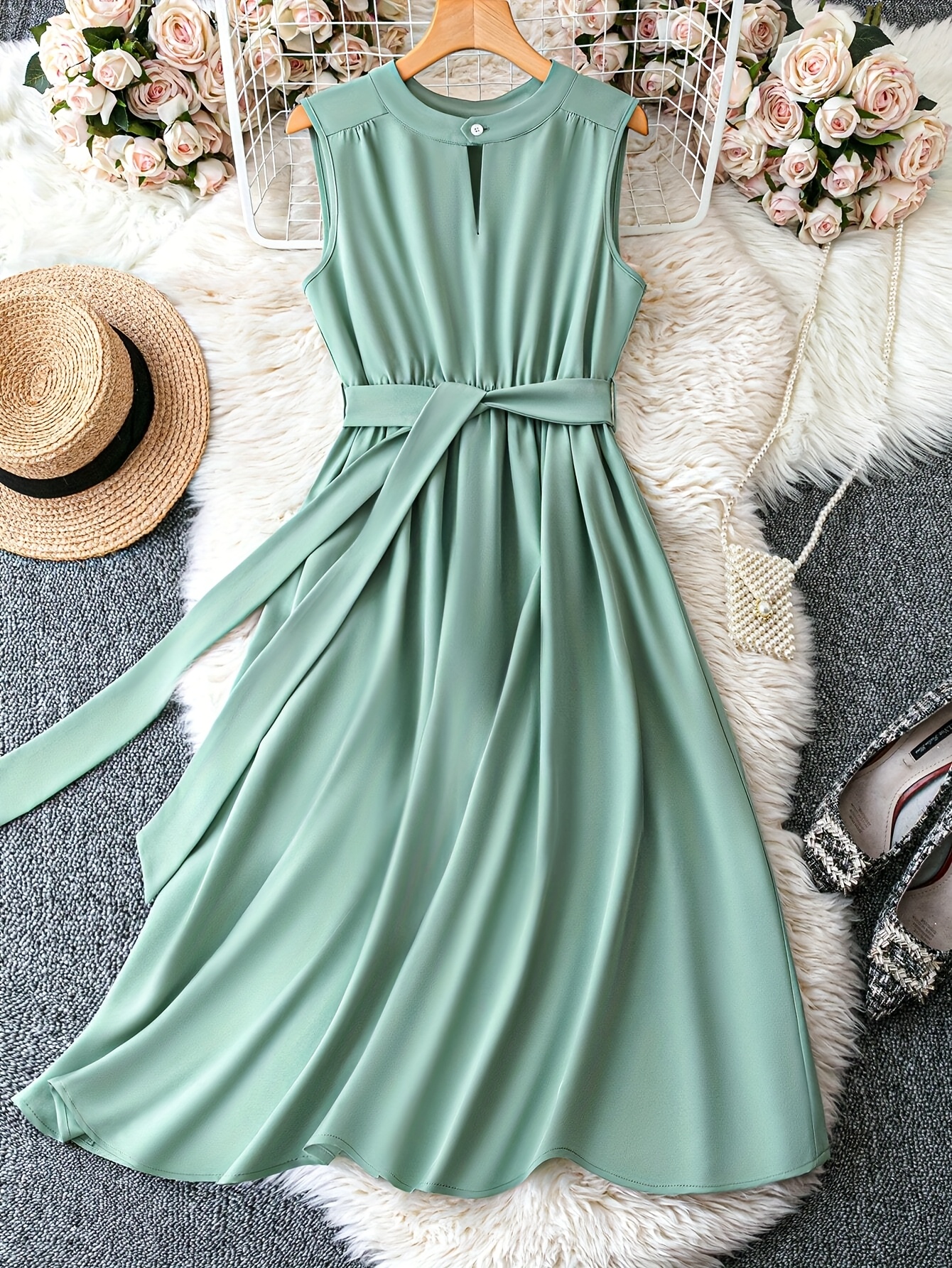 womens elegant sleeveless mint green dress fitted round neck