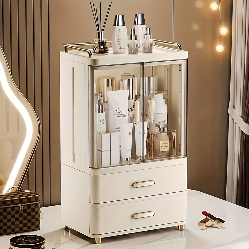 2 3 layer cosmetic storage organizer with golden plated handles top shelf   durable plastic freestanding bathroom bedroom storage box polished   no power needed bathroom organizers and storage Product details 3