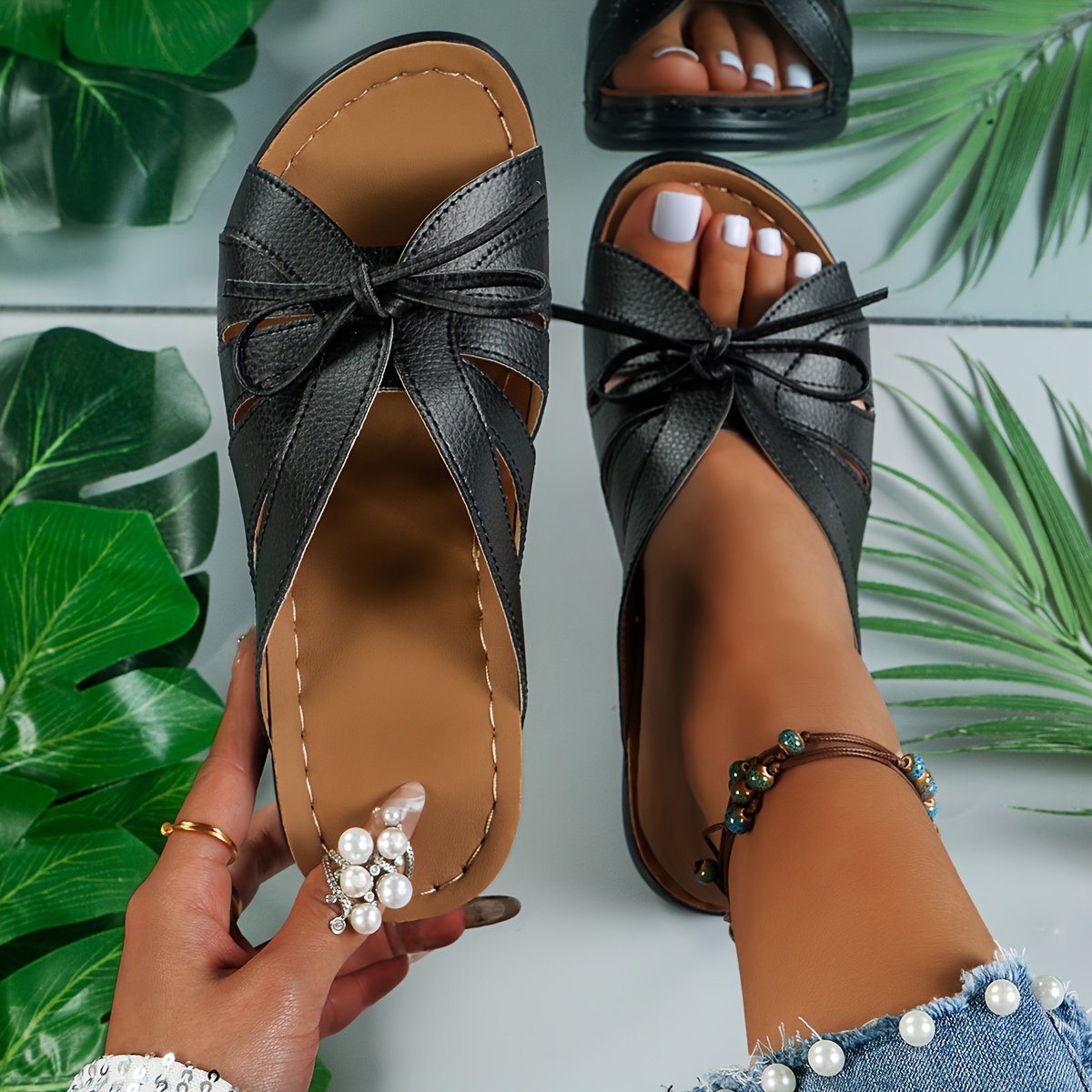 Lady Shoes Bowknot Hollow Flat Sandals Summer Open Toe Slippers