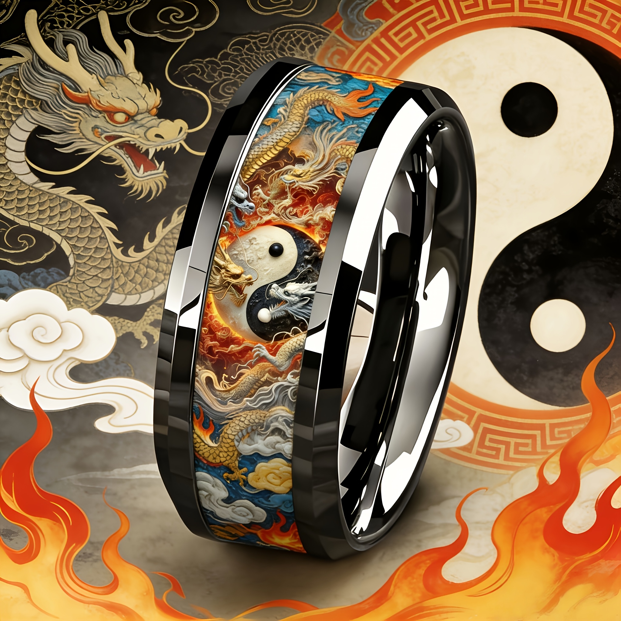 TEMU Anillo de acero inoxidable de titanio 304L esmaltado de tendencia Taiji Dragones, hipoalergénico, resistente a la decoloración, impermeable,