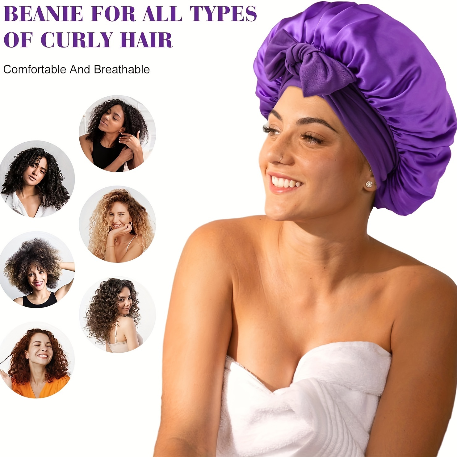 

1pc Luxurious Purple Satin Sleep Bonnet For Women - Soft, Breathable With Wide Band, Ideal For All Curly Hair Types