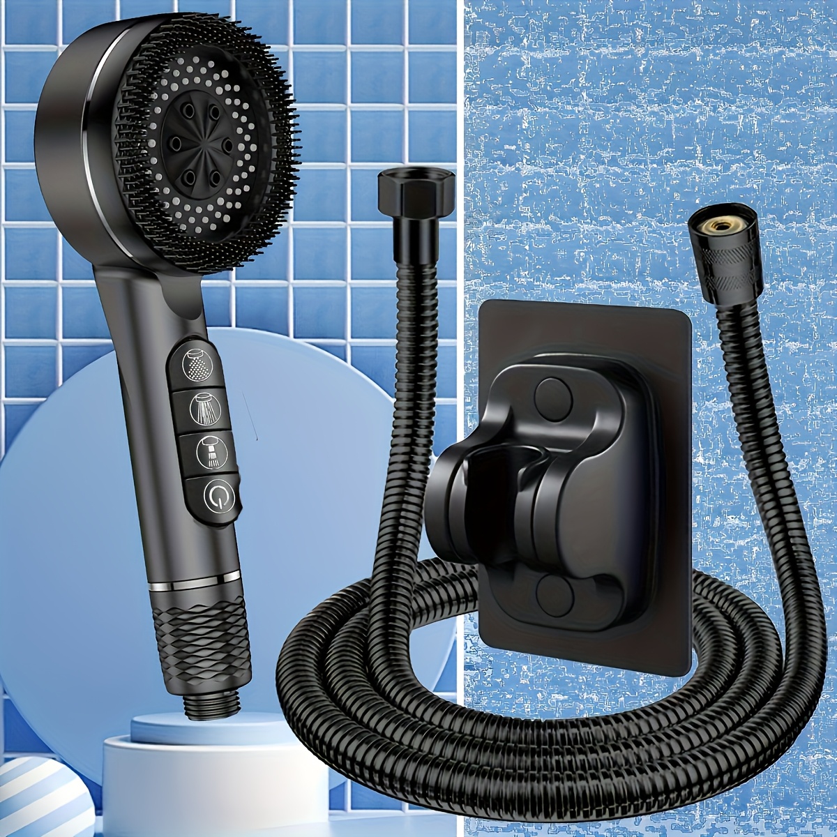 high pressure handheld showerhead powerful spray black pvc   1 5 meter hose and bracket   no electricity required ideal for home use bathroom accessory practical bathroom product   showerhead with hose