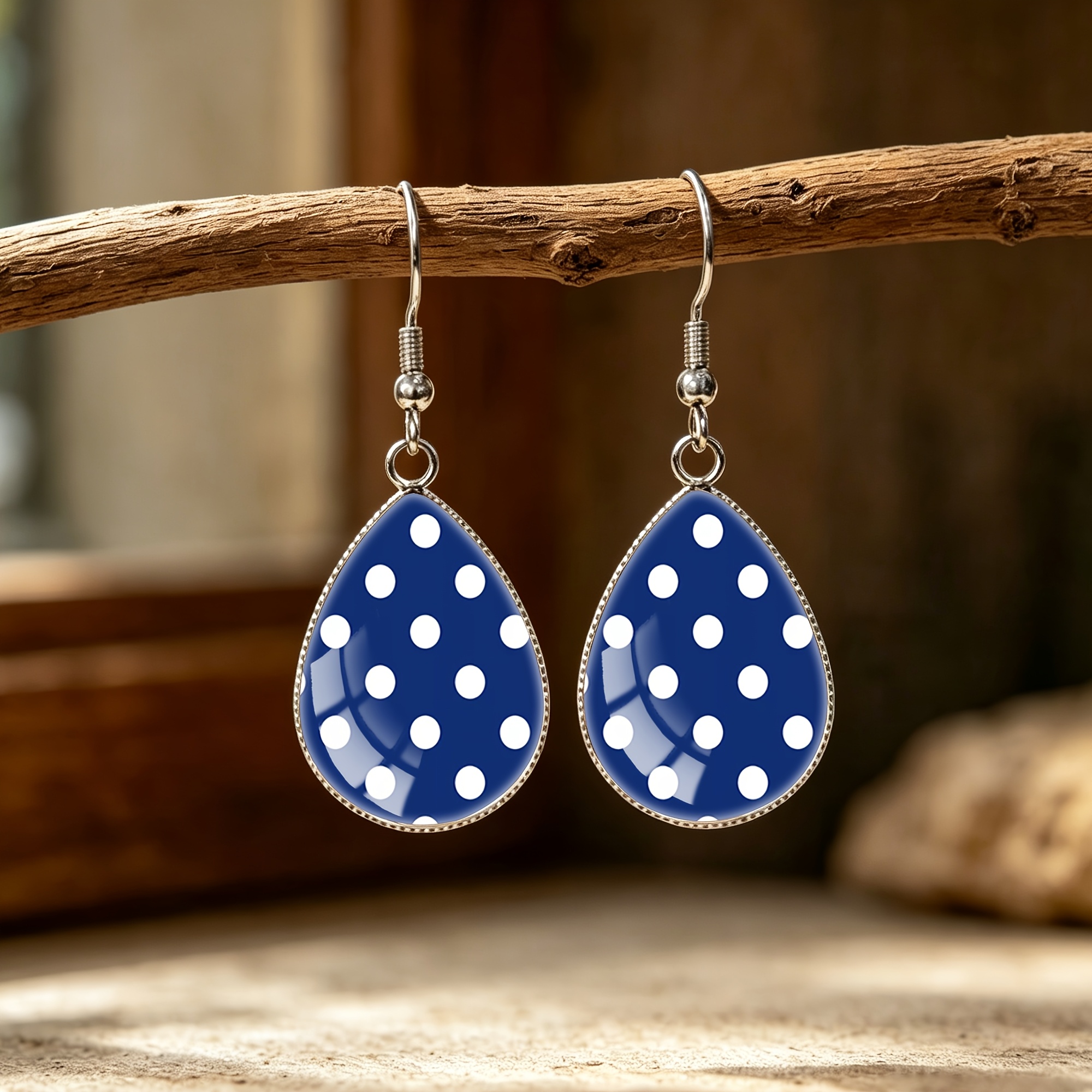 TEMU 1 Pair Of Blue And White Polka Dot Pattern Steel Teardrop Earrings, Elegant And , Suitable For Men And Women As Gifts Or For Wearing At Parties,