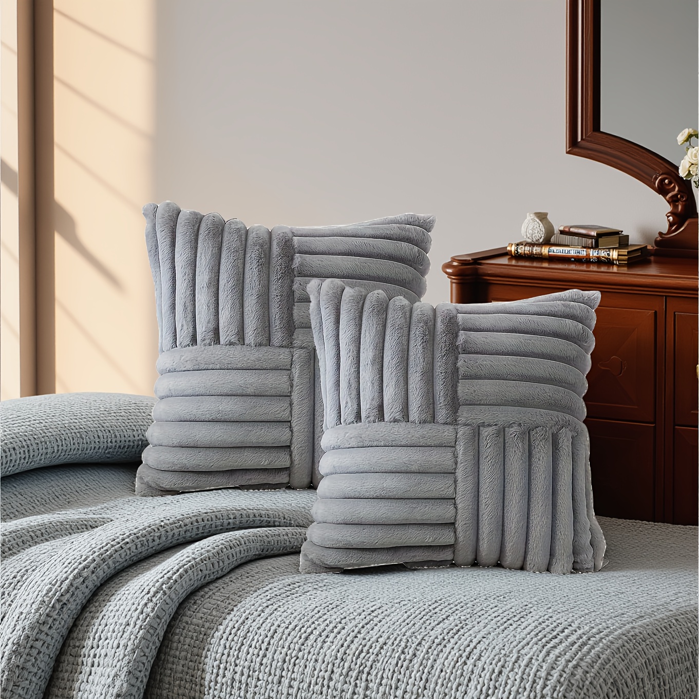 Image of 2pcs Soft And Comfortable Artificial Plush Pillowcases With Zipper Closure, Suitable For Living Room Sofa And Bedroom Headboard Decoration