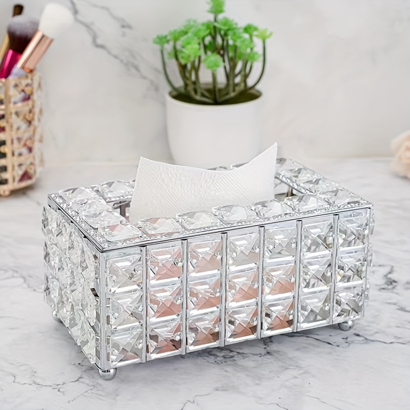 TEMU Elegant Golden/silvery Square Tissue Box Holder - Decorative Metal Napkin Dispenser For Bathroom, Vanity, Nightstand & Office - Sparkling Cast , Valentine's Day Home Decor