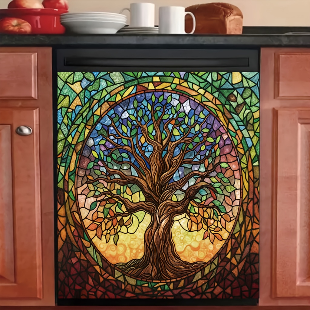 

1pc Vibrant Tree Of Life Magnetic Dishwasher Door Cover - Stained Glass-inspired Print, Easy To Apply & Clean, Kitchen Decor, 23.03 X 25.