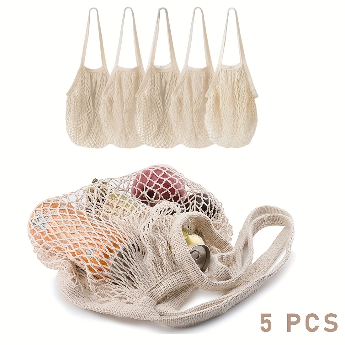 5er-pack beige mesh produce bags, kurze einkaufsnetzbeutel für supermarkt, wiederverwendbare faltbare obstbeutel, stoffmaterial