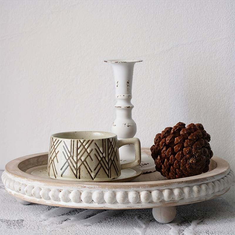 Plateau Rond En Bois Vintage Avec Collier De Perles - Décoration Bohème Pour Table Basse, Salon, Cuisine - 30 Cm De Diamètre