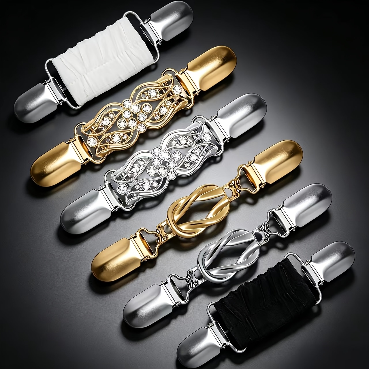 A Set Of 6 Vintage Dress Clips With Straps, Suitable For Cardigans, Shawls, Shirts, And Scarves, Designed For Women To Tighten