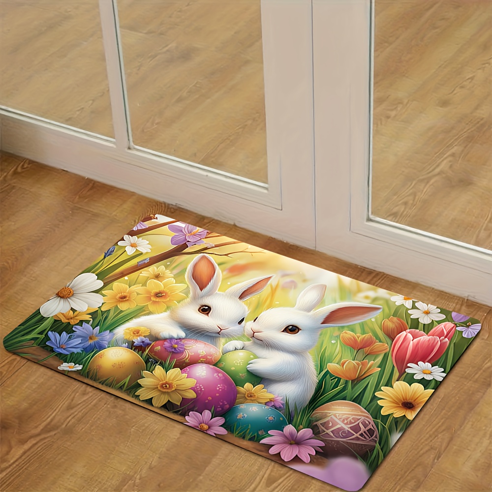 TEMU 1 tappeto da porta con stampa di coniglietto e uova di da giardino, motivo cartone animato, per decorazioni festive per la casa, tappeto