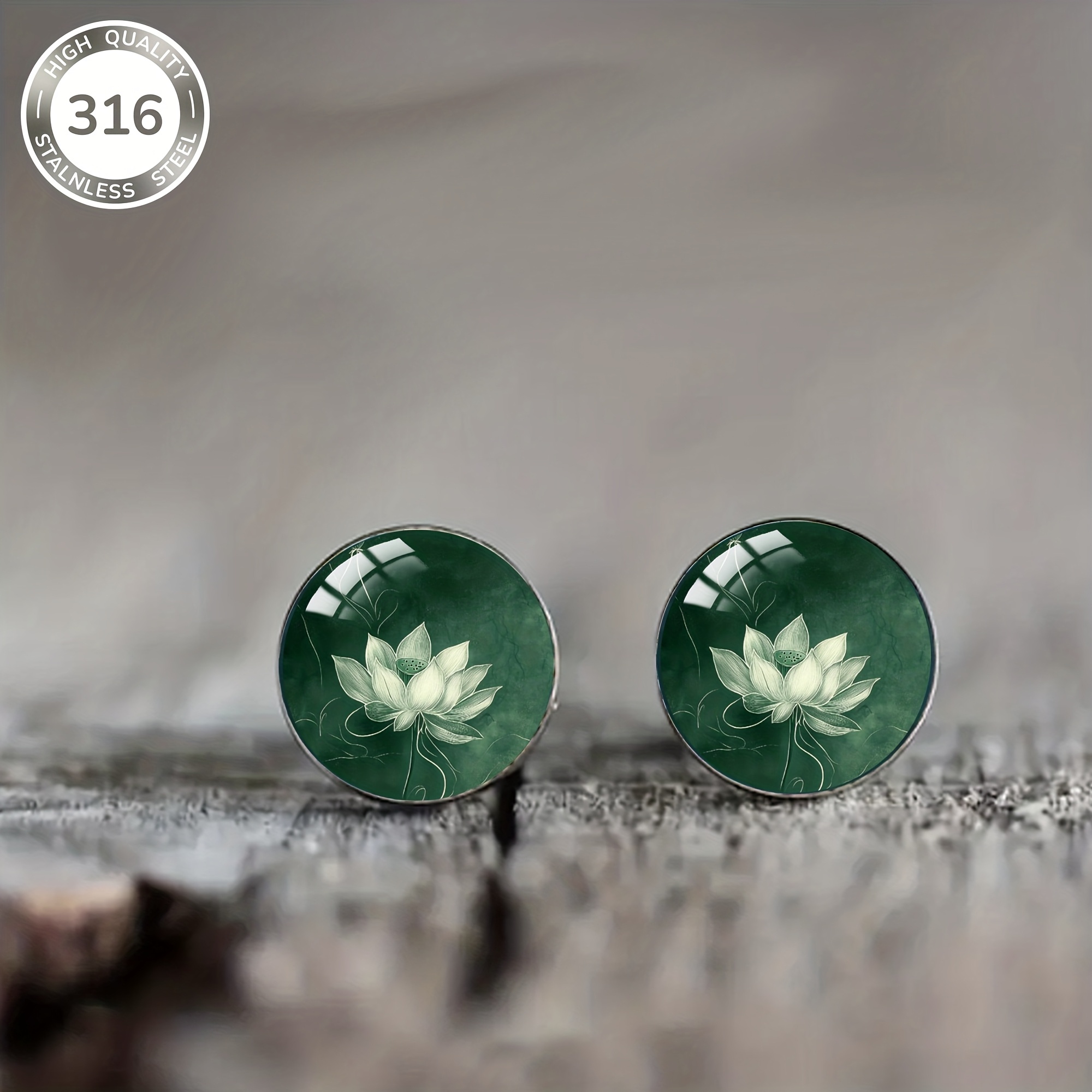 1 Pair Of Green White For Lotus Pattern Steel Stud Earrings, Elegant And Jewelry For Men And Women, Suitable For Daily Wear, Vacation, And As A Christmas Gift