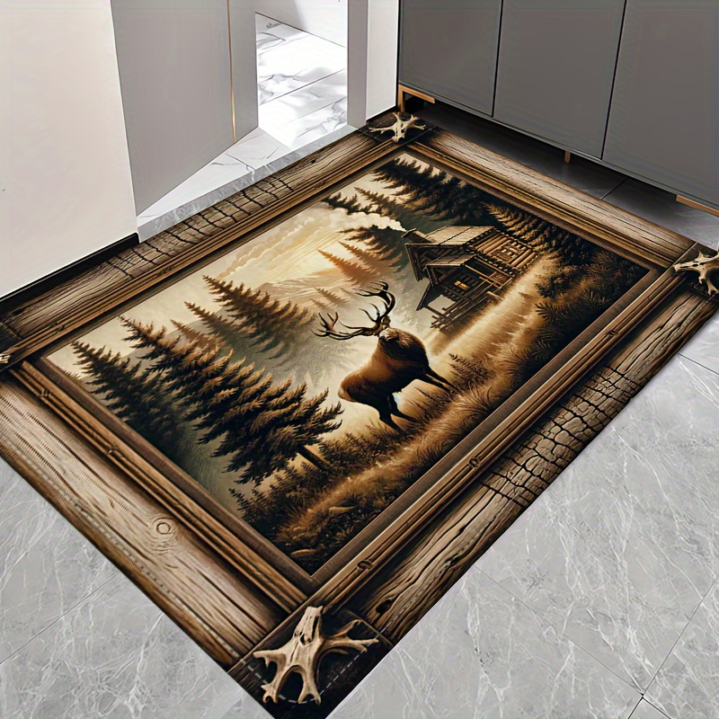 

Reindeer & Cabin Design Non-slip Floor Mat - 1.2cm , Absorbent Sponge Rug With Wood Grain , Stain & Water Resistant For Living Room, Bedroom, Kitchen, Laundry, Office