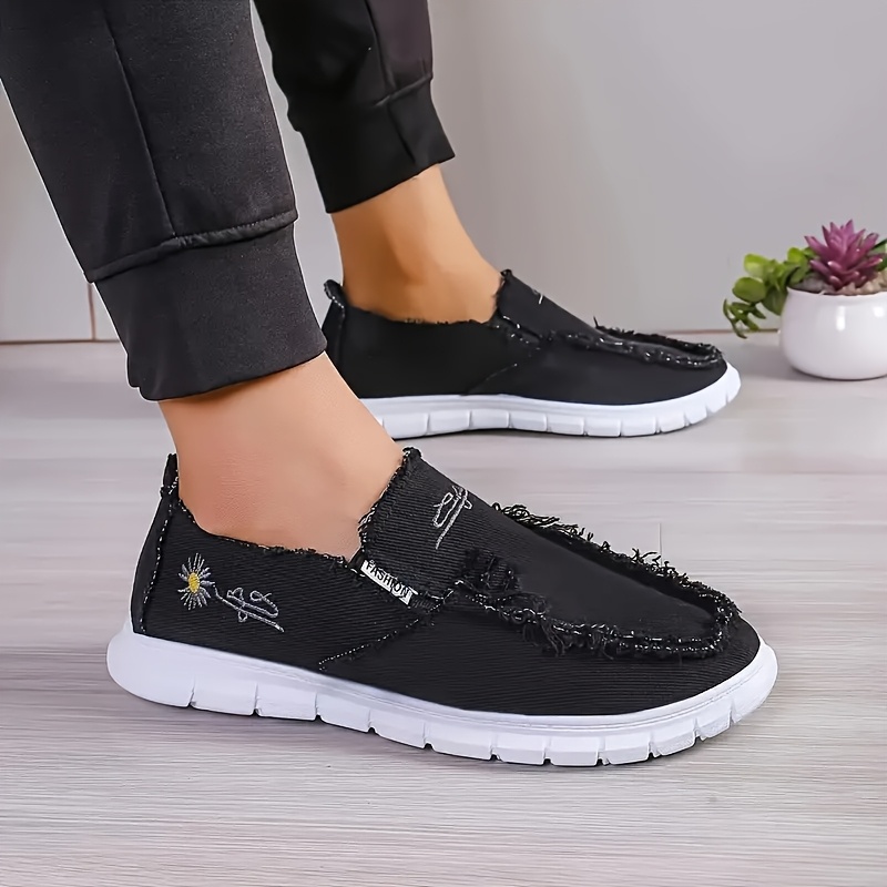 fashionable womens canvas sneakers with trendy tassel design and daisy embroidery comfortable white sole lightweight breathable fabric   comfortable flat sports shoes suitable for casual wear