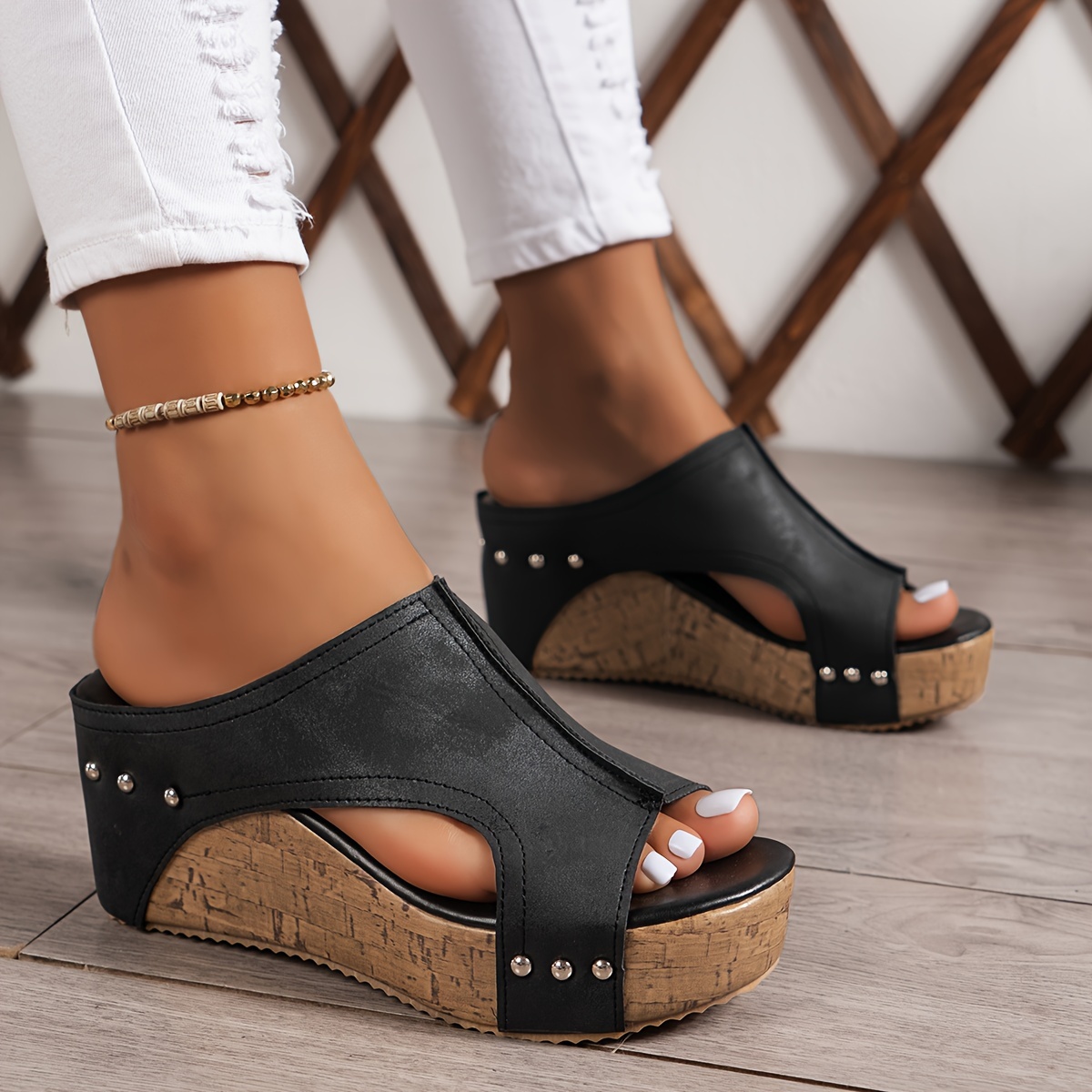 womens solid   sandals platform slip on soft sole studded decor shoes summer wedge side cut out shoes 36 black 0